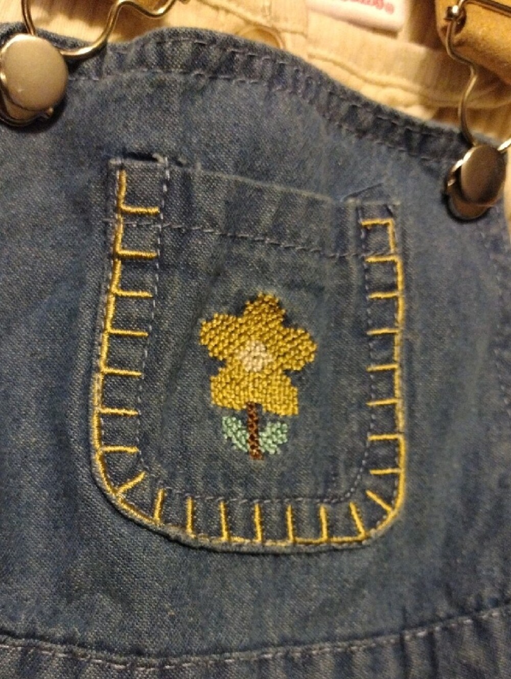 Denim Ruffle Overall Dress with Cream Ribbed Top - Picture 3 of 11